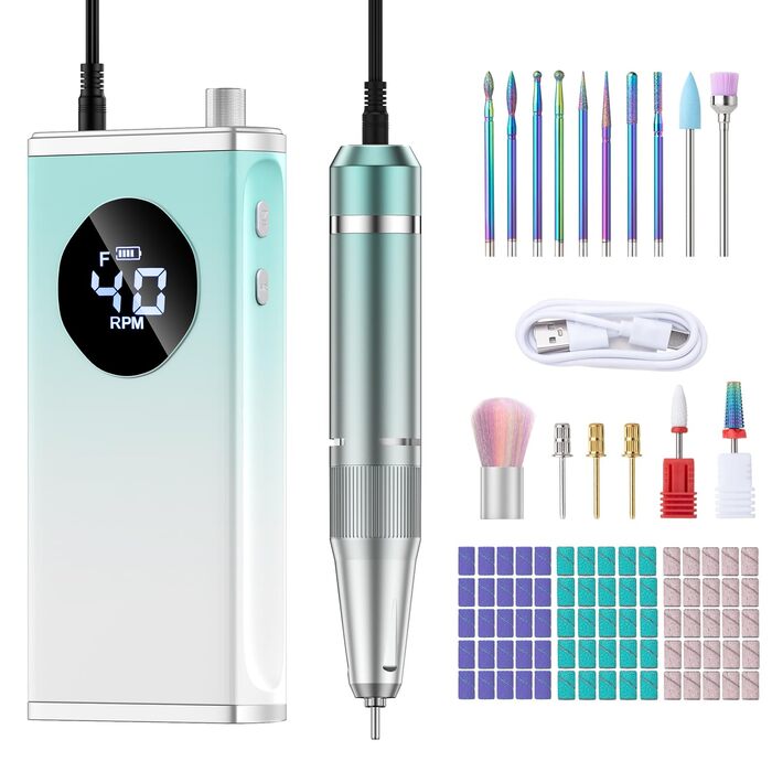 Електричний фрезер для манікюру та педикюру Profi Set 16 в 1 з LCD дисплеєм, 40000 об/хв, F/R, для гелевих нігтів, портативний, фіолетовий, блакитний, білий