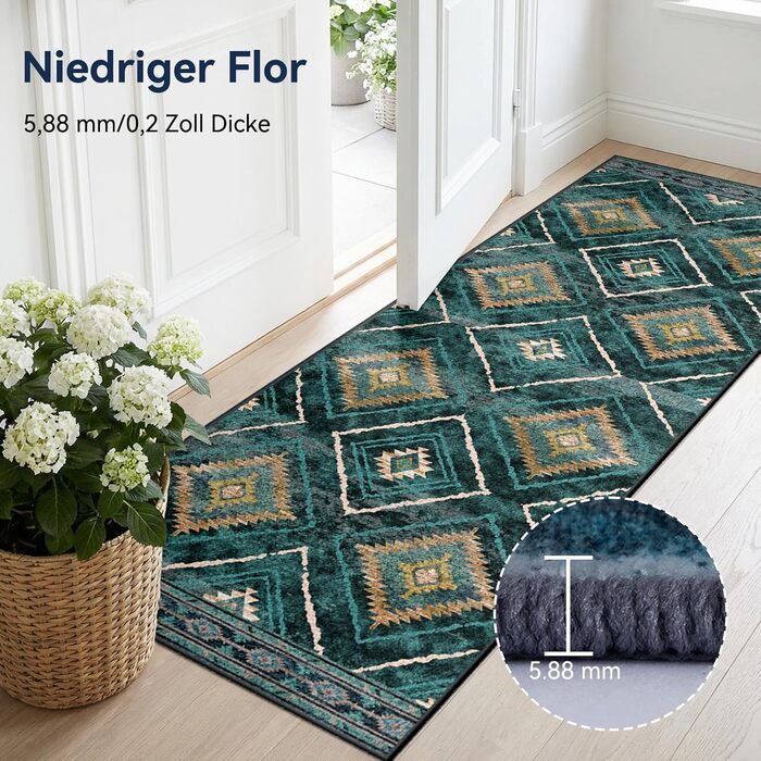 Килимок-довгий (60x300 см) для прихожого, кухні, вітальні та офісу. Нековзкий, з коротким ворсом, миючий, складаний, у стилі бохо, чорно-білий, petrolgrün