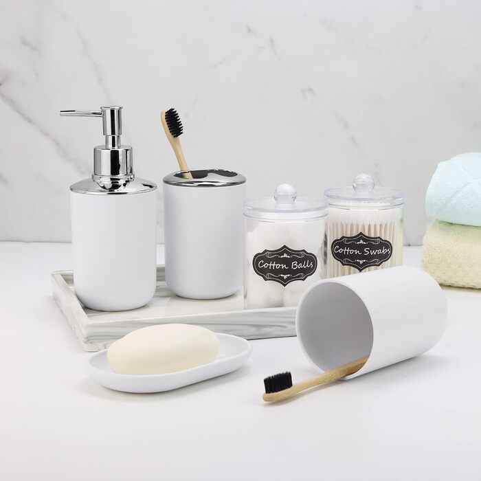 Набір аксесуарів для ванної кімнати IMAVO – 8 предметів сірого кольору (сміттєвий бак, дозатор мила, мильниця, тримач для зубних щіток, тримач для унітазного йоржика, диспенсер для ватних паличок з етикетками)
