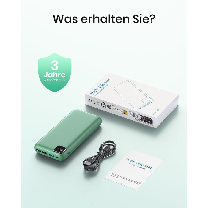 Power Bank A ADDTOP 20000mAh 22.5W: Зовнішній акумулятор для телефону з USB-C, портативний зарядний пристрій 4-в-1, зелений
