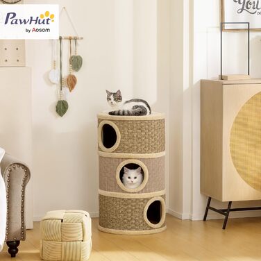 Кігтеточка PawHut для котів 79 см, 3 яруси, кігтеточка-бункер, кігтеточка з сизалю, для великих котів, бежево-коричнева, 45л х 45см х 79см з внутрішнім отвором