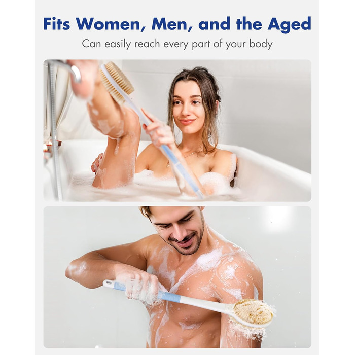 Щітка для душу з ручкою: скрабер для тіла з жорстким та м'яким ворсом, 46 см (блакитна)