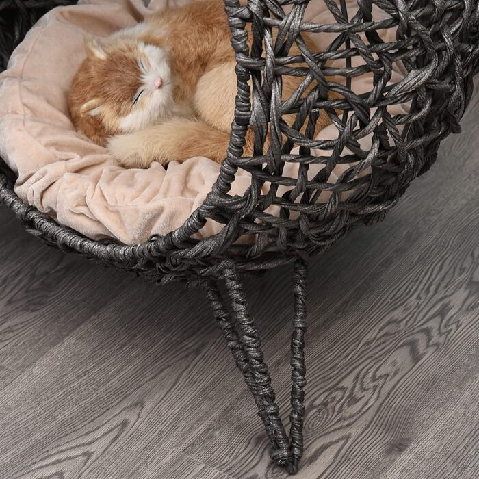 PawHut Rattan Cat House with Cushion, Cat Sleeping Place, Cat Cave with Raised Feet, Natural Ø52 x 58 cm (Silver Grey)