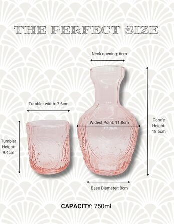 Vintage Glass Carafe with Lid & Matching Drinking Glass – 750 ml Capacity – Elegant Glass Jug for Water, Juice, or Wine – Stylish Home Decor for Kitchen or Dining Room (Pink)