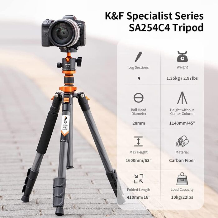 Штатив для камери K&F Concept 156см з вуглецевого волокна, компактний, знімний монопод, кульковий голівкою 360°, вантажопідйомність 15кг, A255C2+BH-36L