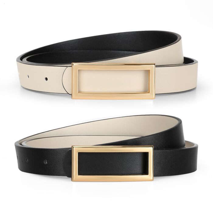 Жіночий ремінь VONMELLI вузький двосторонній шкіряний, чорний/бежевий, 120 см (талія 93-103 см) для суконь, джинсів, штанів із золотою пряжкою