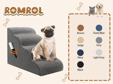 Сходинки для собак та котів ROMROL – 4 сходинки, сірий колір, з м'яким Memory Foam, для захисту суглобів, знімний та миючий чохол