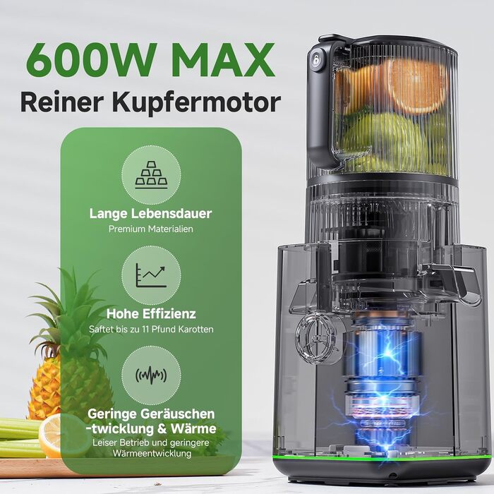 Центрифужна соковижималка AMZCHEF 600W з широким завантажувальним отвором 155 мм для цілих овочів та фруктів, чорна