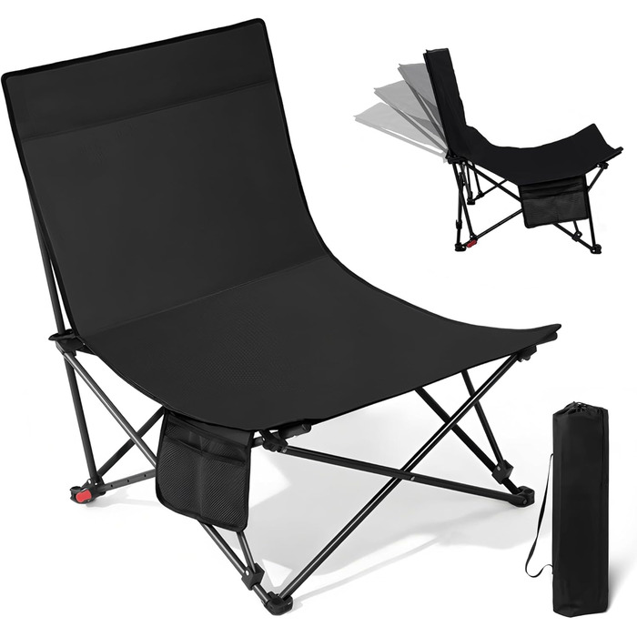 Крісло для кемпінгу складне, до 150 кг, легке, регульоване, з сумкою, для відпочинку на природі, риболовлі, саду, пляжу, піших прогулянок (Чорний)
