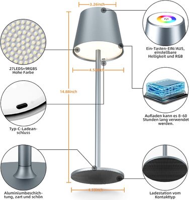 LED настільна лампа Qsky бездротова диммируемая з акумулятором, тепле світло 3000K+RGB, водонепроникна (IP54) з алюмінію, для дому та на вулицю (2 шт. срібляста + 2 шт. сіра)
