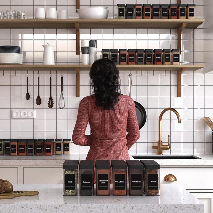 Набір баночок для спецій кутовий 12 шт. 120 мл з кришкою, чорний. Органайзер для спецій, баночки для приправ з дозатором, 36 етикеток