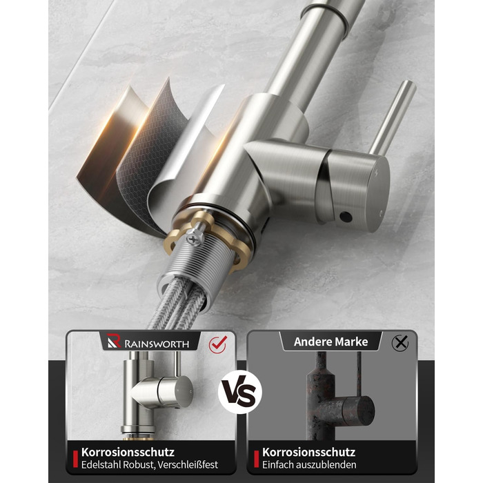 Кухонний змішувач Rainsworth з нержавіючої сталі з двома режимами струменя та висувною лійкою, 360° обертання, висота 45 см