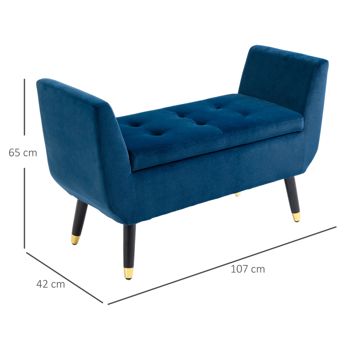 HOMCOM Luxury Bench with Storage, Upholstered Bench Blue from Velvety Polyester, Rubber Wood, with Armrests, 107x42x65cm for Living Room & Entryway