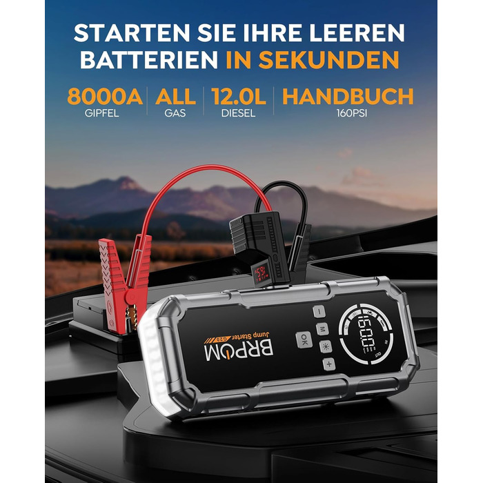 Powerbank Starthilfe BRPOM 8000A з компресором 160PSI для автомобілів, 26800mAh, підтримка бензинових та дизельних двигунів (12.0L), LED-ліхтар 600LUM, сріблясто-сірий колір