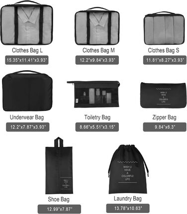 Органайзер для валізи - набір 8 шт. Packing Cubes для подорожей, система організації валізи, набір кубиків для пакування (Чорний)