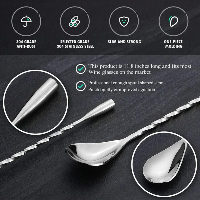 Якісний барний мішальний ложка YFWOOD з нержавіючої сталі, довгий руків'я, для коктейлів, бармени, спіральний дизайн, срібний колір