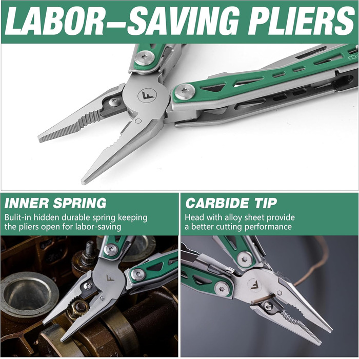 Мультитул FLISSA 16-в-1: мультиінструмент з нержавіючої сталі з ножем, ножицями, пилкою, відкривачкою для пляшок. Ідеально для кемпінгу, відпочинку на природі та ремонту. У комплекті сумка. Матовий зелений.