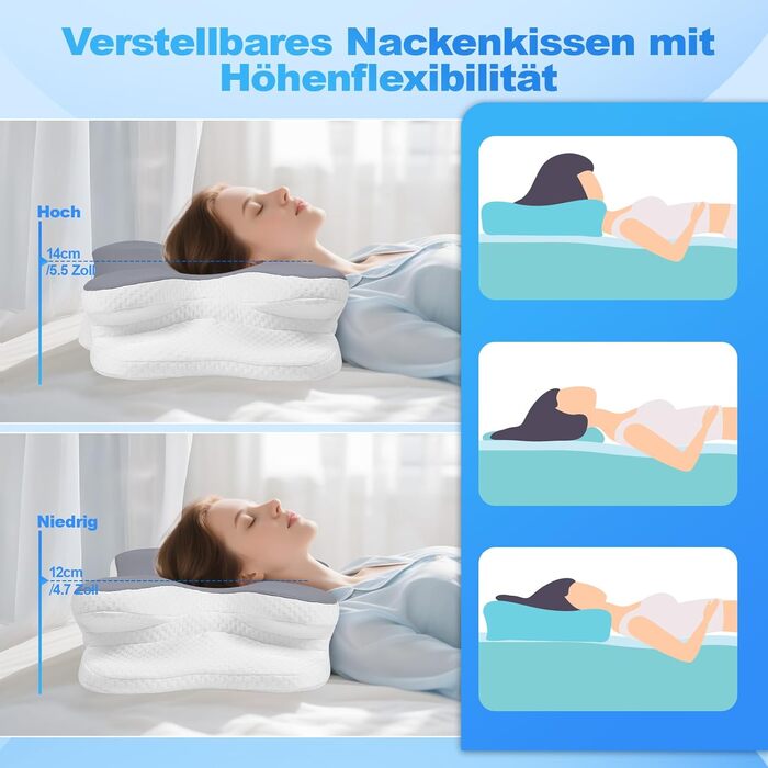 Ортопедична подушка для сну з Memory Foam - для шиї, спини та сну на боці. Подушка з ефектним покриттям з льонової тканини (темно-сіра)