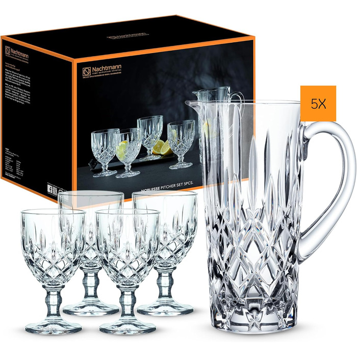 Nachtmann 5-Piece Jug Set, 1190 ml Pitcher with 4 Universal Glasses 350 ml each, Noblesse, 102387, Crystal Glass Gift Set, Dishwasher-Safe