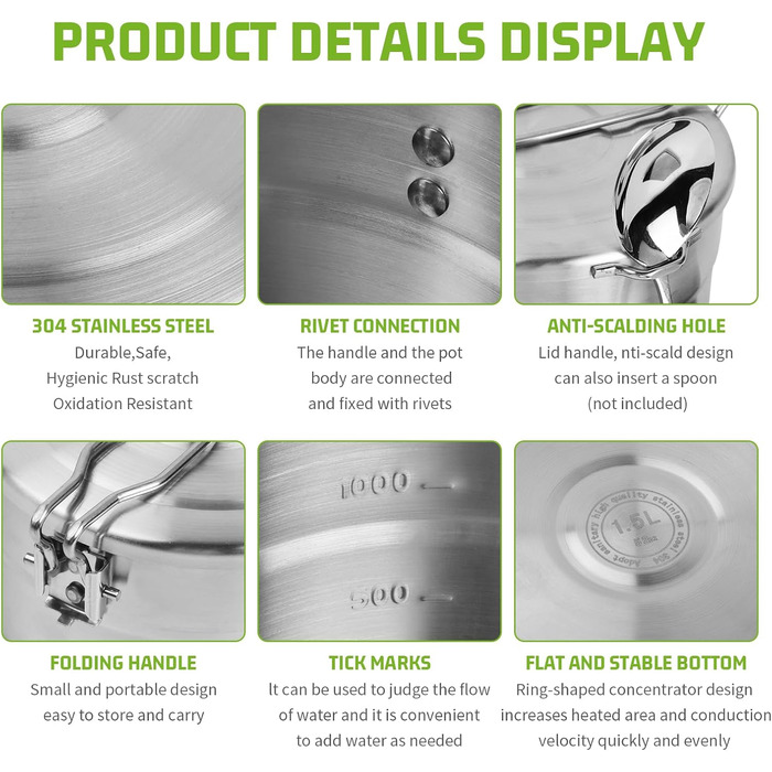 Набір кухонного посуду Anseom для кемпінгу, алюміній, складний, для 1-2 осіб, для туризму, риболовлі, пікніка