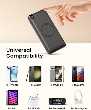 Power Bank BRENCIL 27000mAh з бездротовою зарядкою 15W, PD/QC, USB-C, чорний