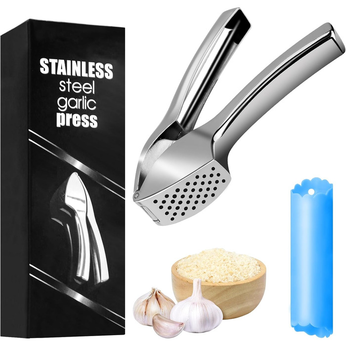 Преміум-прес для часнику та силіконовий лузер, стильний прес з цинкового сплаву, придатний для миття в посудомийній машині, сріблястий подрібнювач часнику, кухонний помічник, надміцний та довговічний, зручний та легкий у чищенні