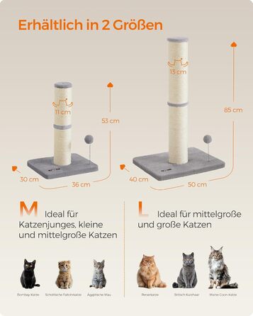 Feandrea Cat Tree, 85 cm tall, scratching post, 13 cm thick trunk, cat tree, scratching trunk for medium and large cats, sisal trunk, with plush ball and bell, Dove Gray PCA041G01