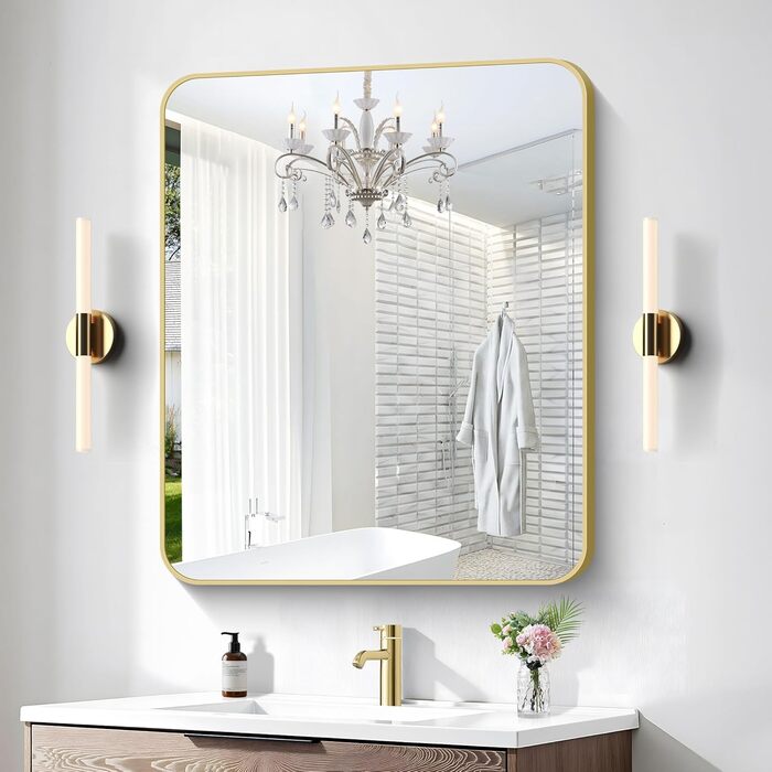 Дзеркало для ванної кімнати BONEWEI, 61 x 121,9 см, прямокутне, для кріплення на стіну, з рамою, косметичне дзеркало з округлими кутами, для спальні, вітальні, передпокою, горизонтальне (Золотий, 91.4L x 76.2B см)