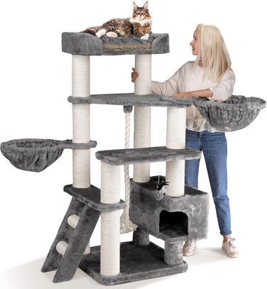HAPPYPET Драбина для котів Jacob XXL - велика, стабільна, з сизалевими стовпчиками та масивною основою, ідеальна для великих порід, сірого кольору