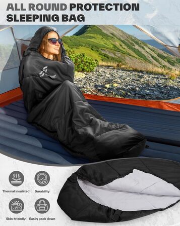 Сплячий мішок Sportneer - компактний та ультралегкий (950г/1500г) - кокон для кемпінгу та подорожей. 3-4 сезонний спальний мішок для чоловіків, жінок та дорослих. Чорний колір.