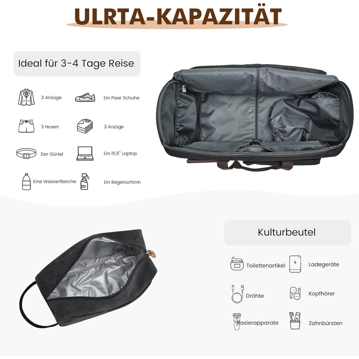 Сумка-органайзер для одягу S-Zone 3-в-1, 60 л, унісекс, з канвасу, з косметичкою, для подорожей, коротких поїздок, ділових поїздок, зберігання, чорна