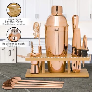 ONVAYA® Cocktail Set in Rosé-Gold | Cocktail Gift Set with Bamboo Holder | Cocktail Shaker Set | Professional Bartender Set | Moscow Mule Mugs (Cocktail Set)