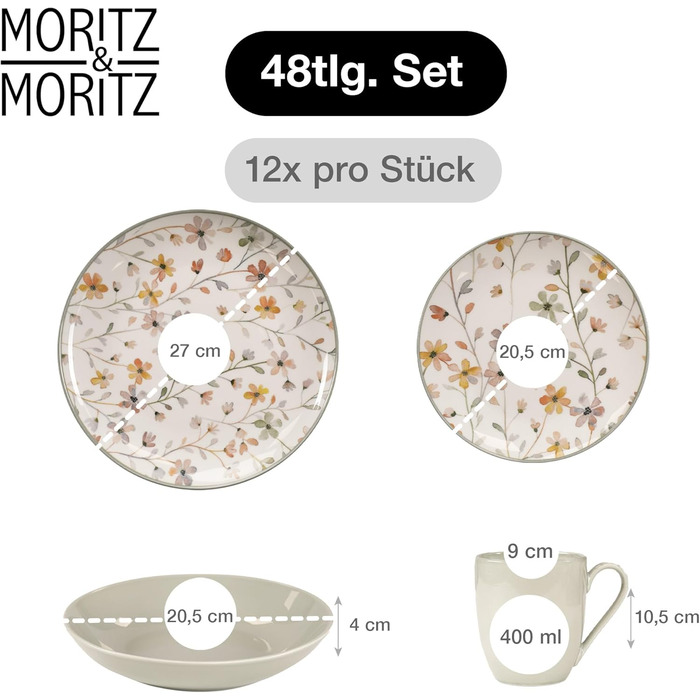 Набір посуду Moritz & Moritz PRIMAVERA Steingut для 6 осіб (24 шт.) - сучасний сервіз з ігровим дизайном, легкий у догляді, з тарілками, чашками та салатниками