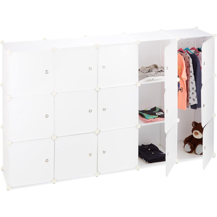 Relaxdays Clothes Rack System with 11 Compartments, Wardrobe with 2 Clothes Rails, DIY Plastic Plug-in Shelf, White