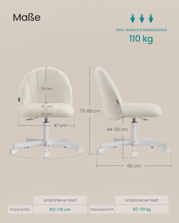 Офісний стілець SONGMICS з м'яким сидінням (фліс), регульована висота, кремово-білий - для дому, офісу, спальні