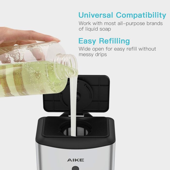 AIKE Automatic Stainless Steel Soap Dispenser, 1100ml - Commercial Wall Mount Soap Dispenser with Window, AK1206 Brushed Stainless Steel