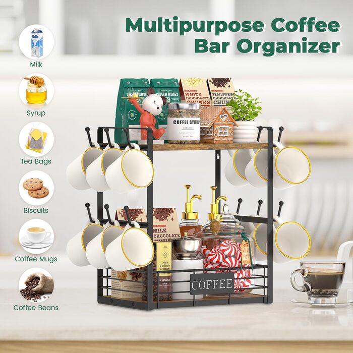 EsLuker.ly 2-Tier Mug Rack Stand for Countertop, 12 Hook Mug Shelf Wall with Storage Basket, Metal Wood Mug Stand Mug Organizer for Coffee Bar Kitchen, Vintage Brown-Black