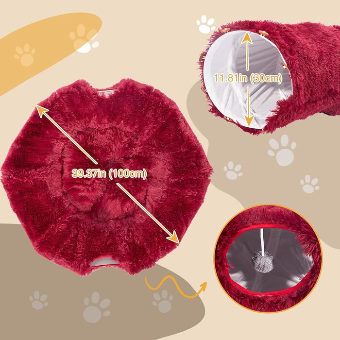 Cat Tunnel with Central Cushion, Soft Cat Toy Round Multi-Function Cat Bed - (Red)