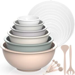 Набір з 6 мисок для змішування та салатів з кришками, пластикові, BPA-free, з 2 виделками і 4 мірними ложками, штабельовані, для кухні (хакі, 18 см)