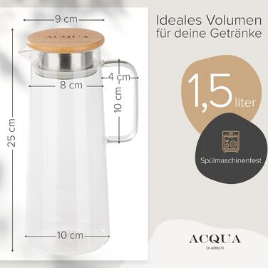 ACQUA DI AMALFI® Glass Carafe with Lid | Water Carafe 1.5 Liter | Glass Jug with Lid | Leak-proof & High-Quality | Glass Carafe ideal for Lemonade, Water & Tea (NEUTRAL/BAMBOO)
