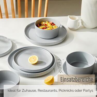 Набір посуду Jiwoo для 4 осіб (12 предметів): тарілки, десертні тарілки, супові миски. Bone China, матовий сірий колір, для мікрохвильовки та посудомийної машини