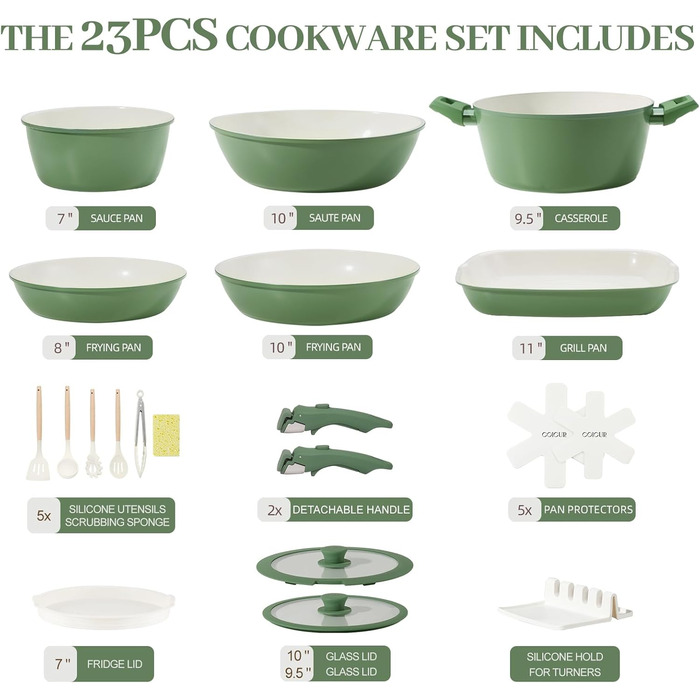 Набір посуду керамічний 23 предмети з антипригарним покриттям та знімними ручками, чорний. Підходить для всіх типів плит, включаючи індукційні. Сковороди 20/26 см, каструля 18 см, сотейник 24 см. Можна використовувати в духовці.