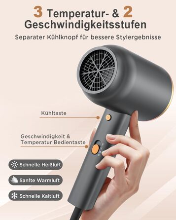 Іонний фен з насадкою-дифузором DEWILY 1800W, Швидке сушіння, Кнопка холодного/гарячого повітря, Термостат, 3 температури, 2 швидкості, Концентратор, Фен для локонів (Чорний+Золотий)