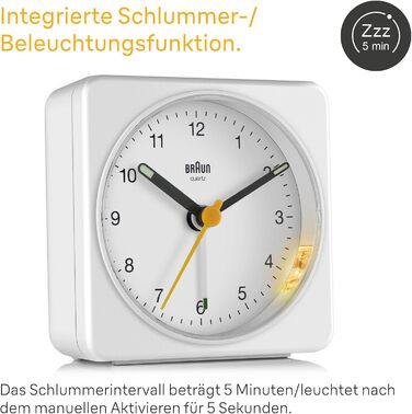Braun Classic Analog Alarm Clock with Snooze Function and Light, Silent Quartz Movement, Crescendo Alarm, White Model BC03W