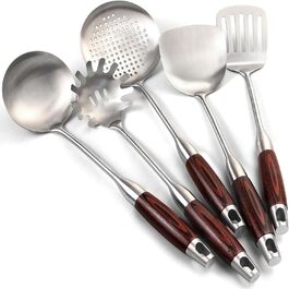 Набір кухонного приладдя з нержавіючої сталі, 5 предметів: лопатка, половник, шумовка, серветка для пасти та шумовка, придатний для миття в посудомийній машині