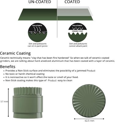 Toothless Herb Grinder Ø 63 mm | Nano-ceramic coated for effortless grinding | 5-piece with built-in storage container in the lid (Green)