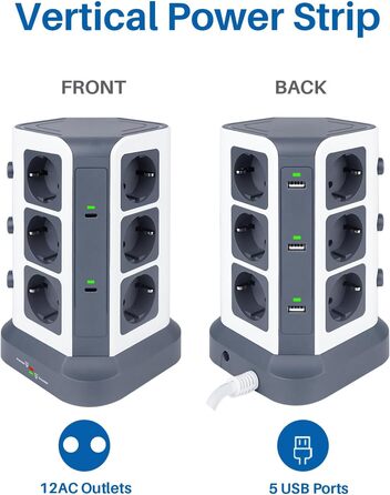 Блок розеток KOOSLA з USB-C, 12 розеток, 3680W/16A, захист від перенапруги 1500J, індивідуальне вмикання, 5м кабель, сірий