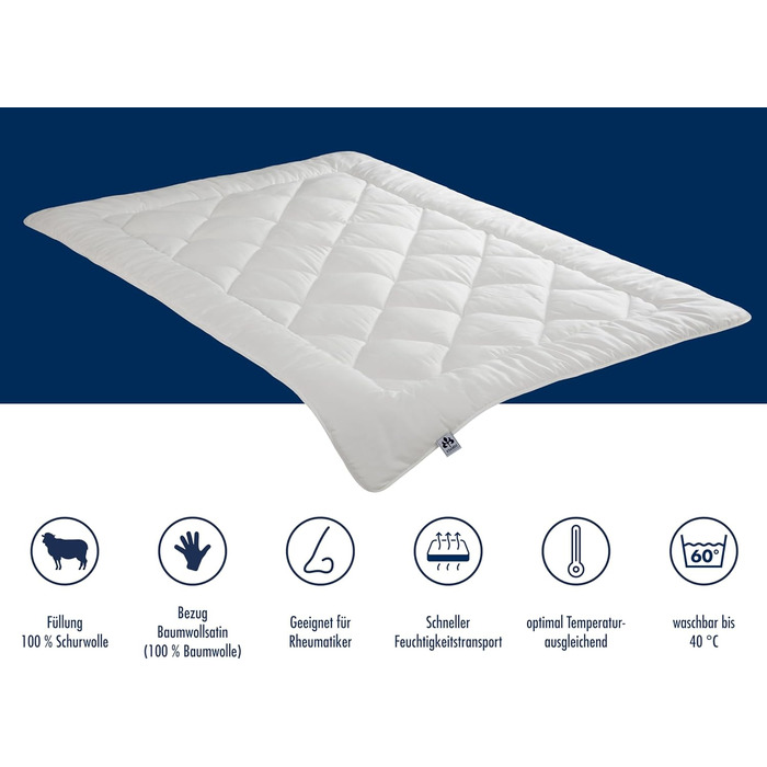 Irisette Merino 4-Season Duvet – Made in Germany - Wool duvet made from Merino wool, 155 x 220 cm, Öko-Tex certified 155 x 220 cm 4-Season Duvet