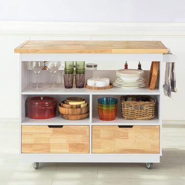 SoBuy Kitchen Cart with Countertop - Rolling Kitchen Island with Spice Rack & Storage - White & Natural Finish