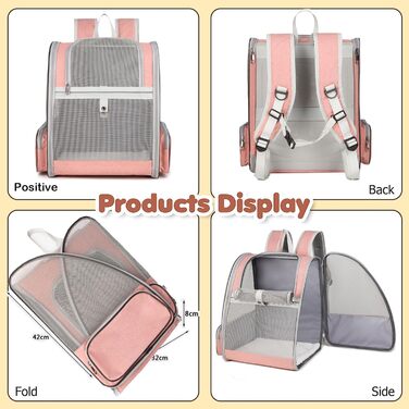 Рюкзак для кота/маленької собаки, переноска для тварин, рожевий, до 8 кг, дихаючий, складний, з вікном та страхувальним ремінцем
